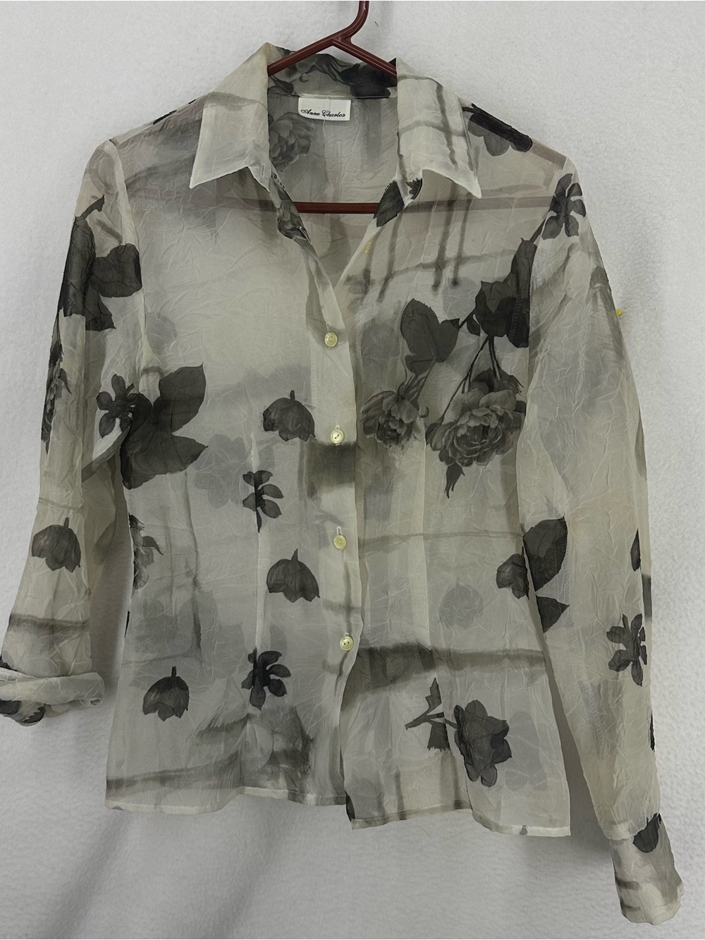 Vintage Anne Charles Sheer Floral Button Front Blouse Womens Small Gray Top